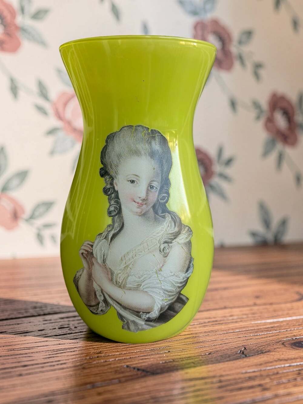 Lime Green Portrait Glass Vase 9" Marie Antoinette Style Maximalist Decor